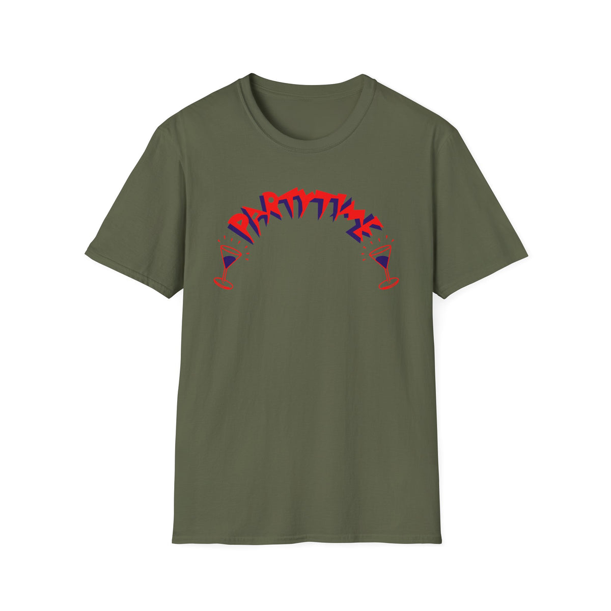 Olive green t-shirt with red and blue "Party Time" text and two martini glasses.