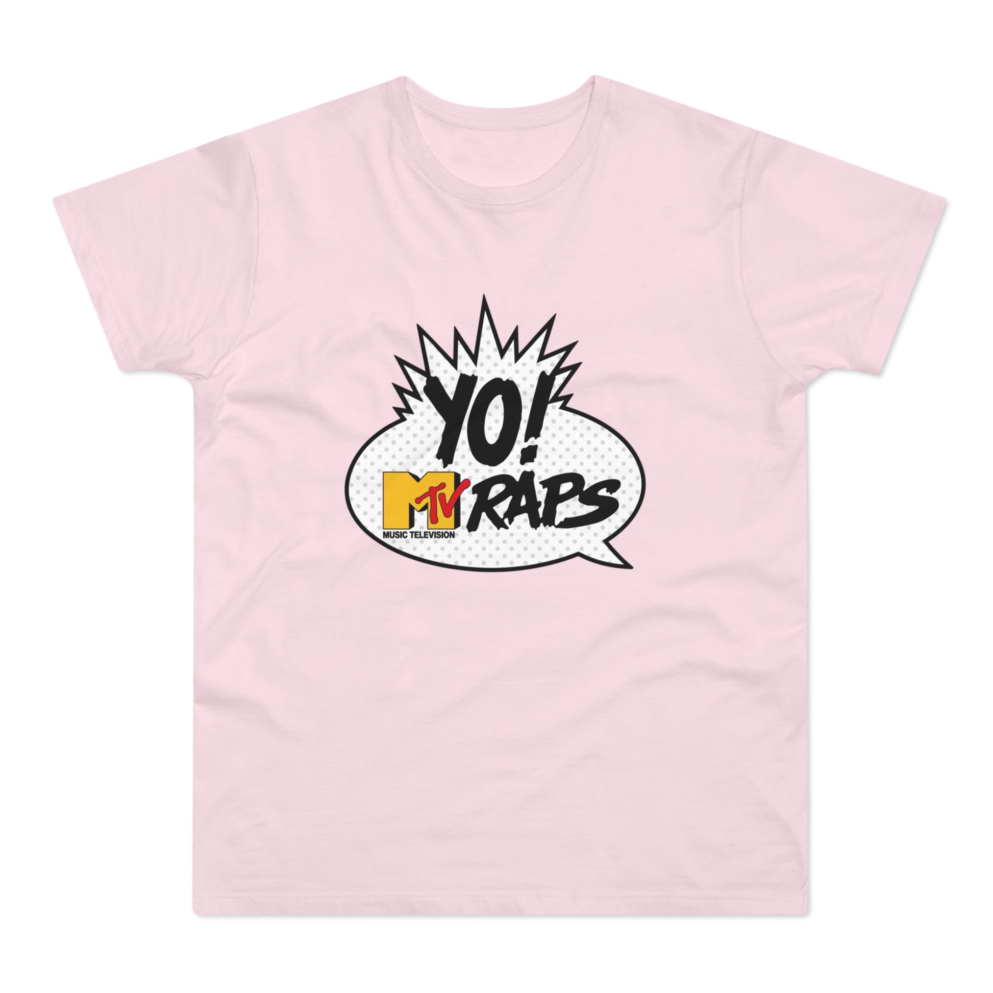 Pink t-shirt with "YO! MTV RAPS" logo in a comic bubble.