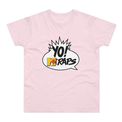 Pink t-shirt with "YO! MTV RAPS" logo in a comic bubble.