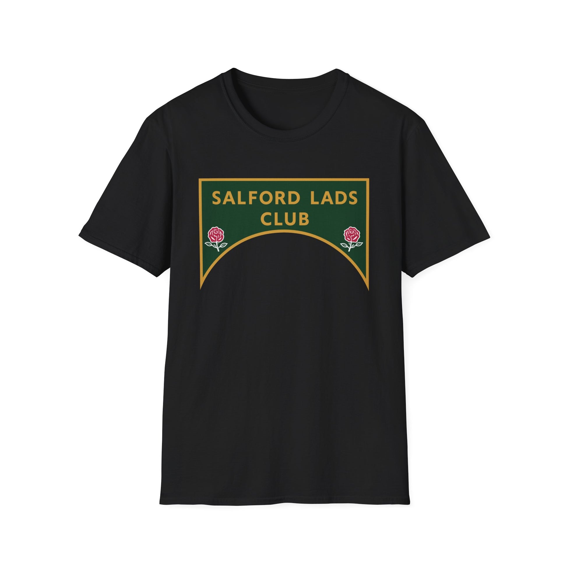 Black t-shirt with a green and gold Salford Lads Club emblem featuring two roses.