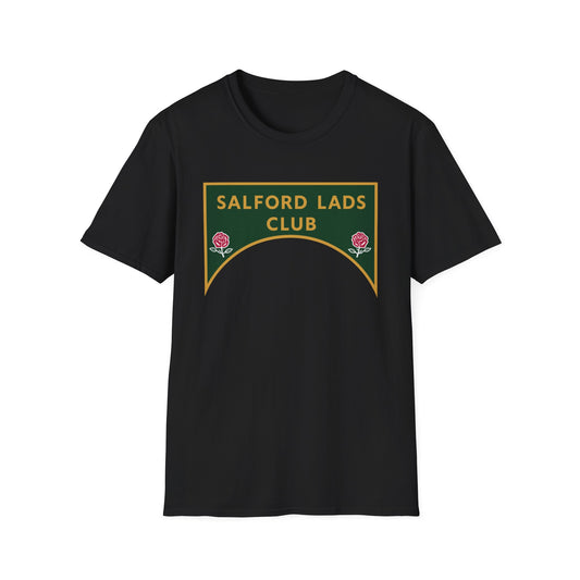 Black t-shirt with a green and gold Salford Lads Club emblem featuring two roses.