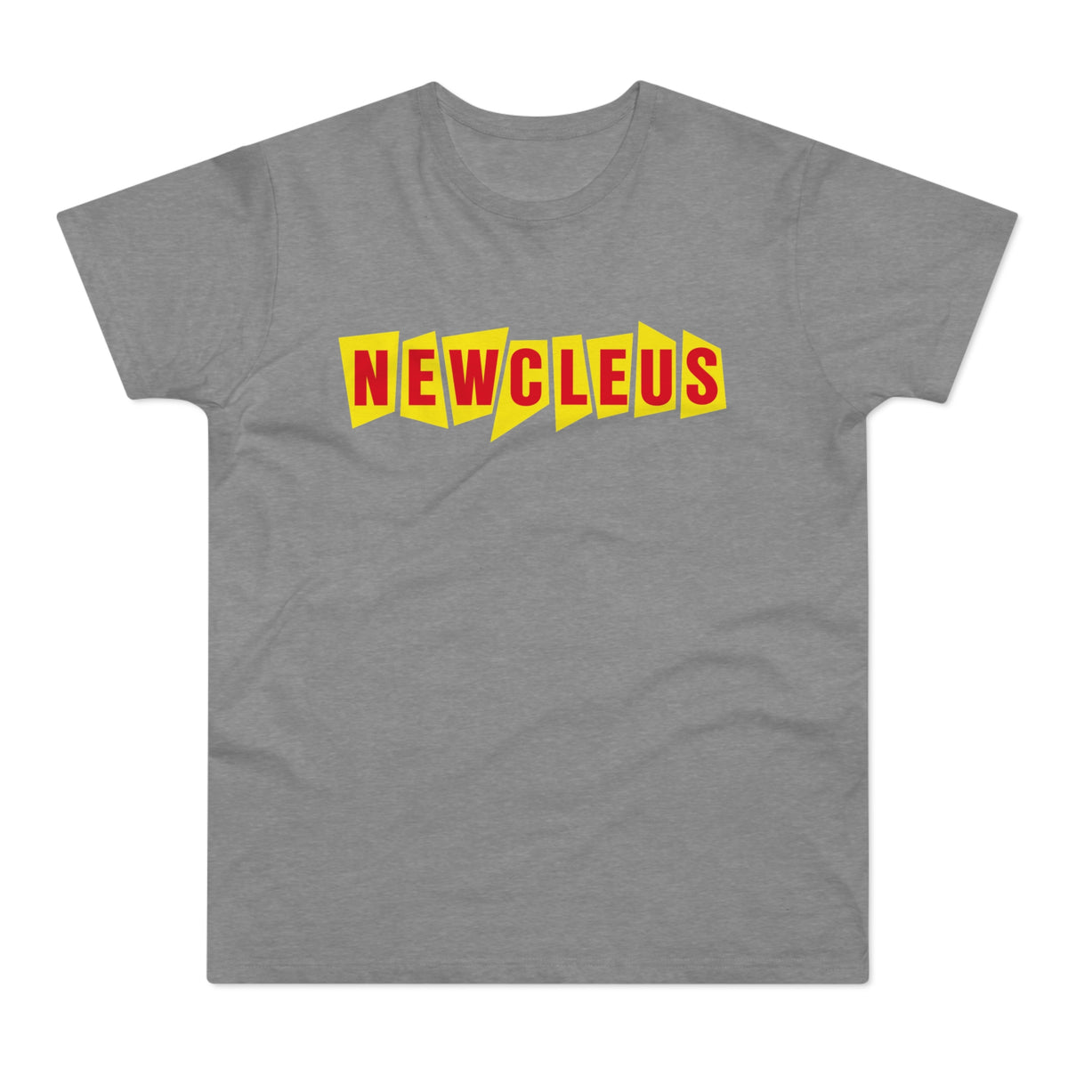 Grey t-shirt with "NEWCLEUS" text in bold red letters on yellow geometric shapes.