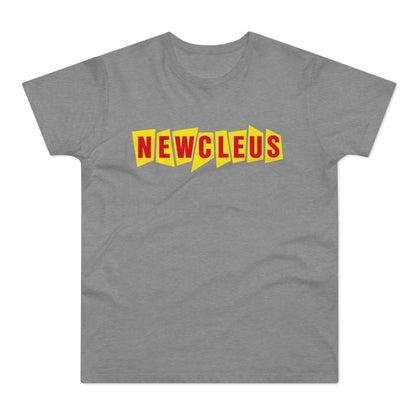 Grey t-shirt with "NEWCLEUS" text in bold red letters on yellow geometric shapes.