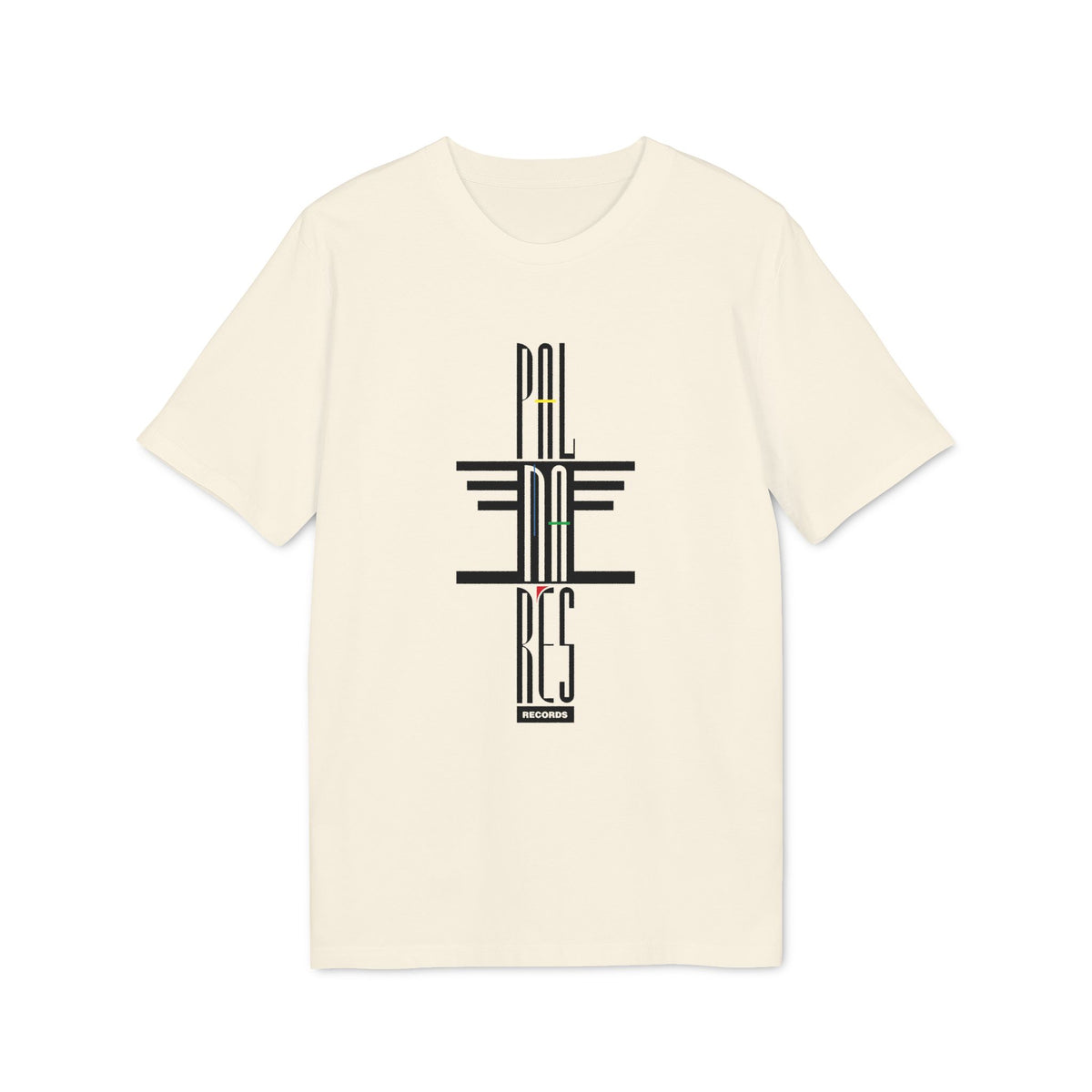 Cream t-shirt with vertical black text logo for "PAL NA RES RECORDS".