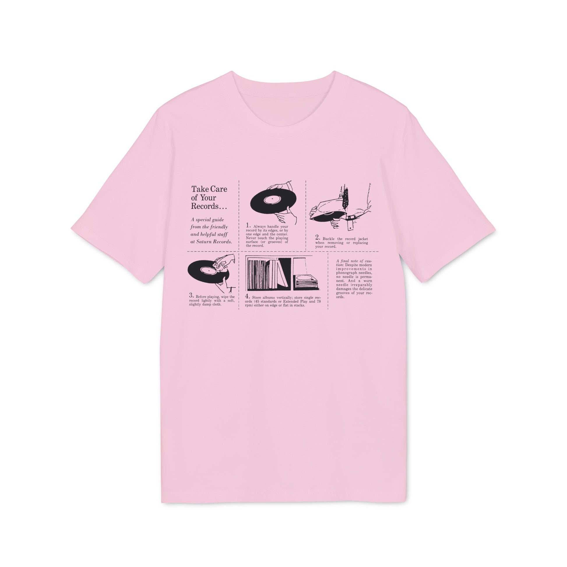 Pink t-shirt with black graphic detailing record care instructions from Saturn Records.