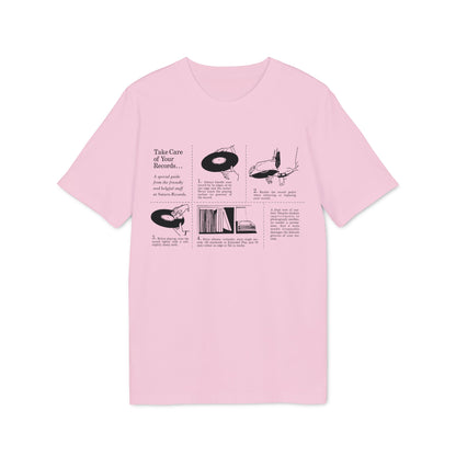 Pink t-shirt with black graphic detailing record care instructions from Saturn Records.