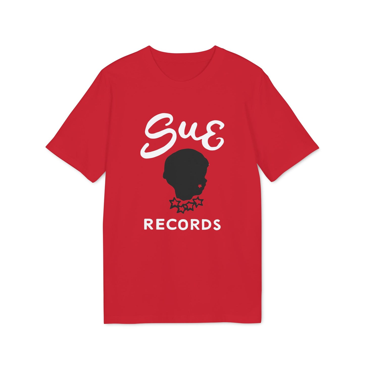 Red t-shirt with "Sue Records" text and black silhouette.