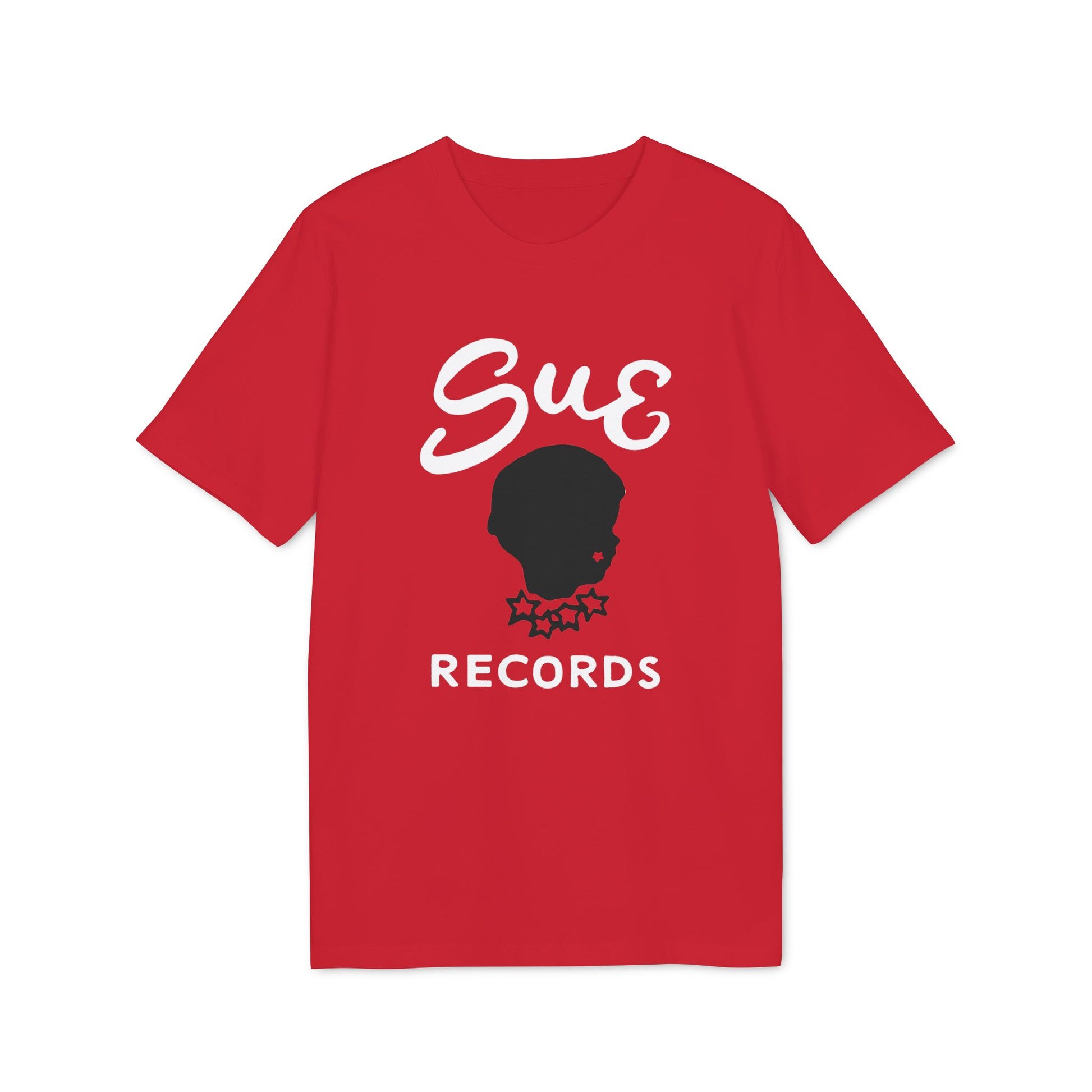 Red t-shirt with "Sue Records" text and black silhouette.