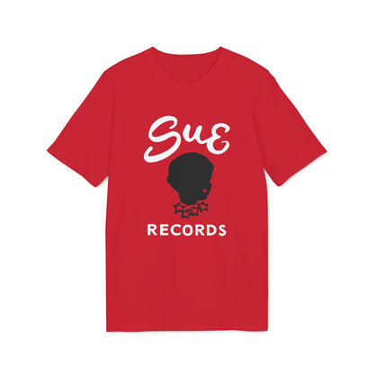 Red t-shirt with "Sue Records" text and black silhouette.
