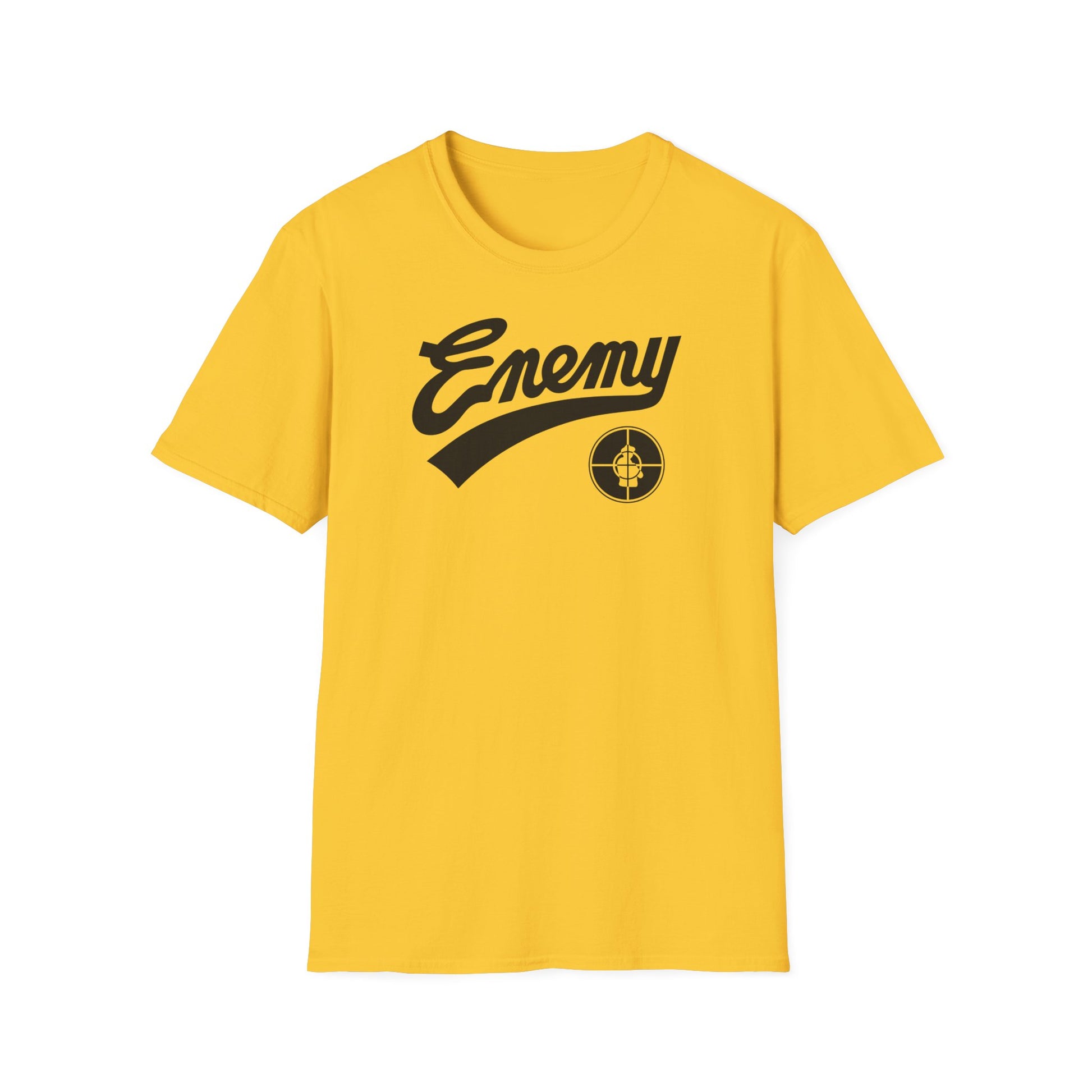 Yellow t-shirt with black "Enemy" text and the Public Enemy logo.
