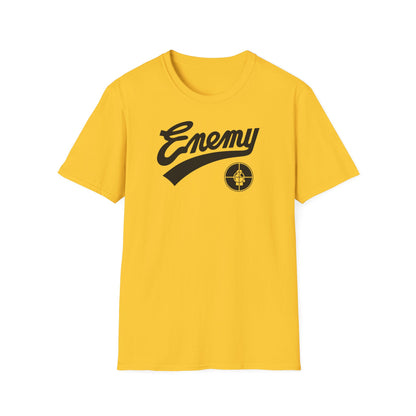Yellow t-shirt with black "Enemy" text and the Public Enemy logo.
