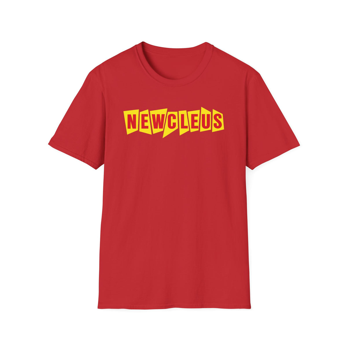 Red t-shirt with yellow "NEWCLEUS" text graphic across the chest.