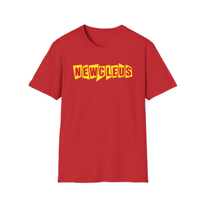 Red t-shirt with yellow "NEWCLEUS" text graphic across the chest.