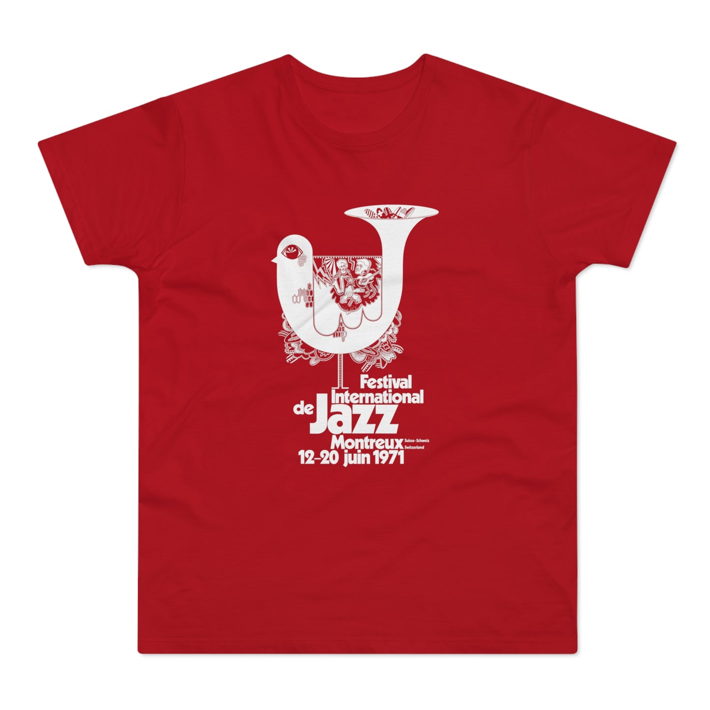 Red t-shirt with white International Jazz Festival Montreux 1971 graphic.