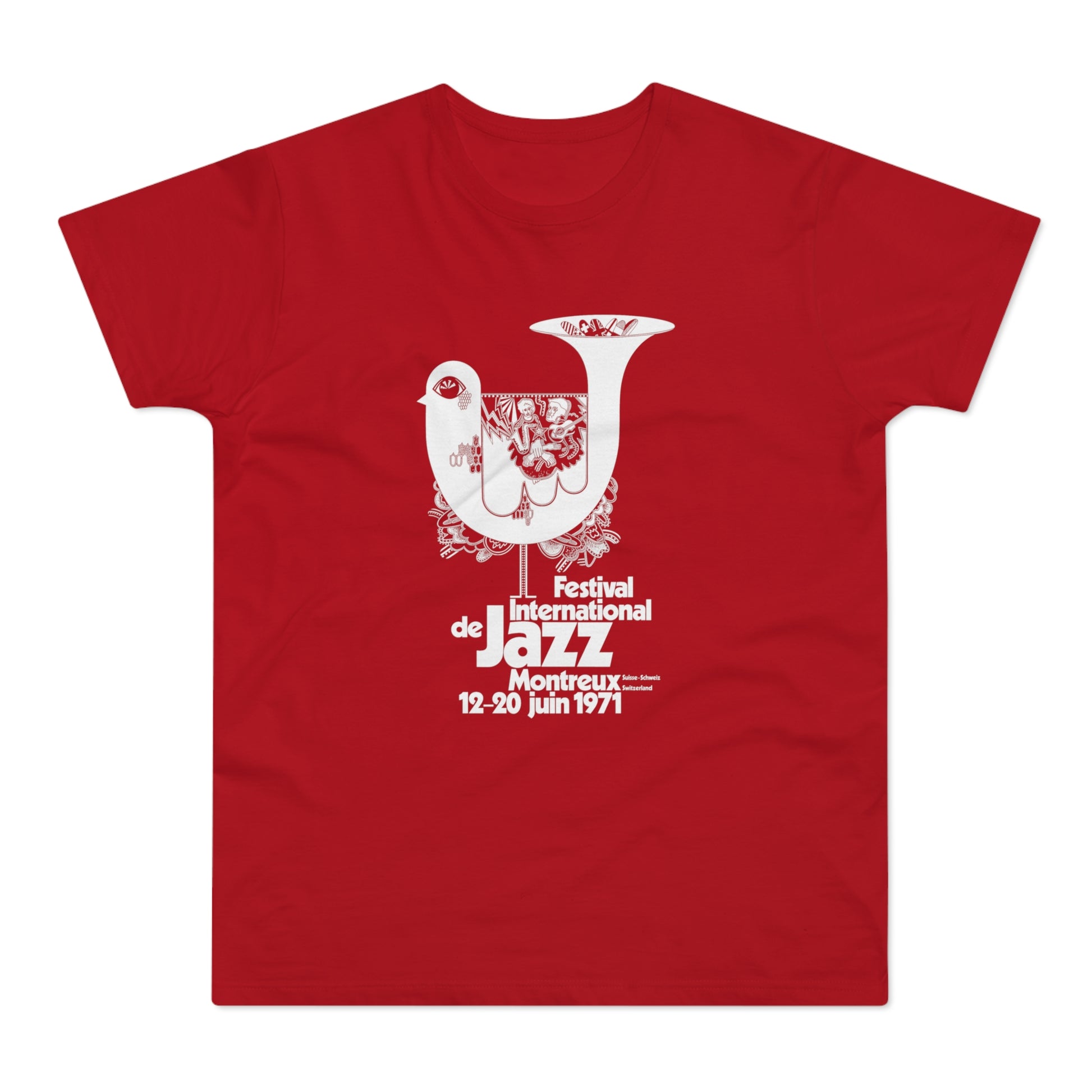 Red t-shirt with white International Jazz Festival Montreux 1971 graphic.