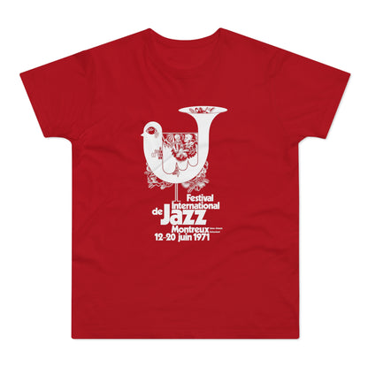 Red t-shirt with white International Jazz Festival Montreux 1971 graphic.