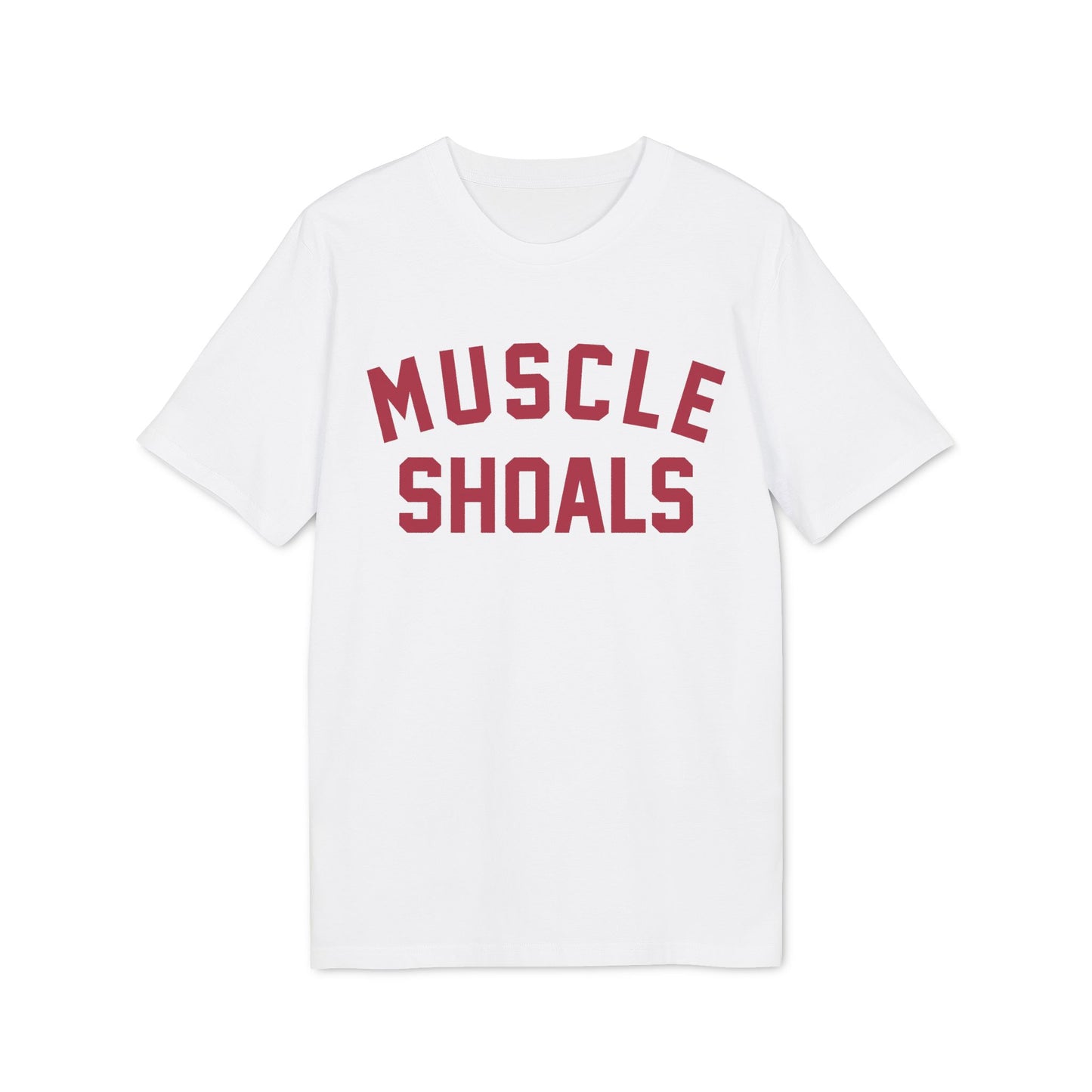 White t-shirt with maroon "MUSCLE SHOALS" text.