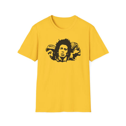 Yellow t-shirt with a black graphic of three stylized portrait heads.