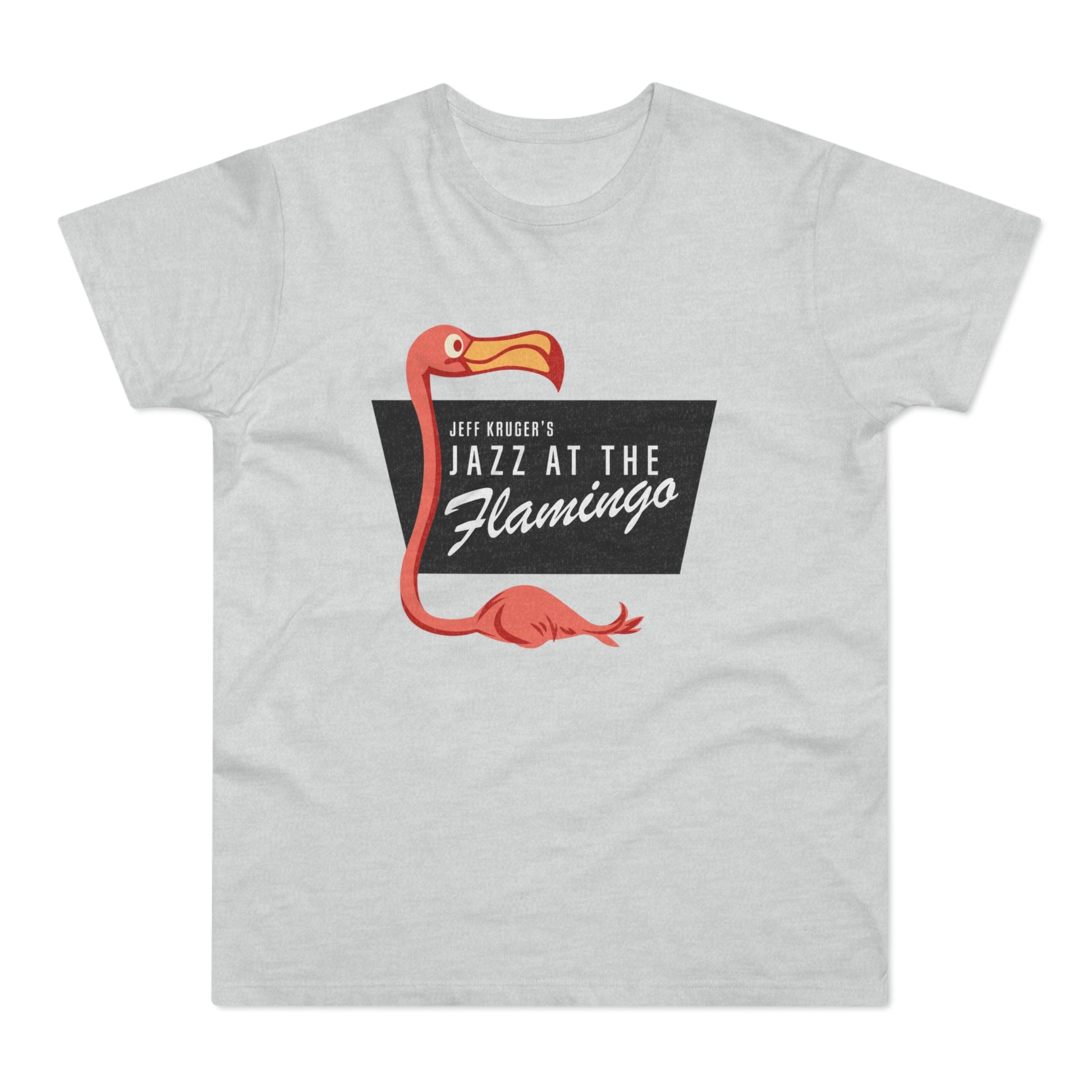 Light gray t-shirt with a stylized pink flamingo and "Jazz at the Flamingo" text.