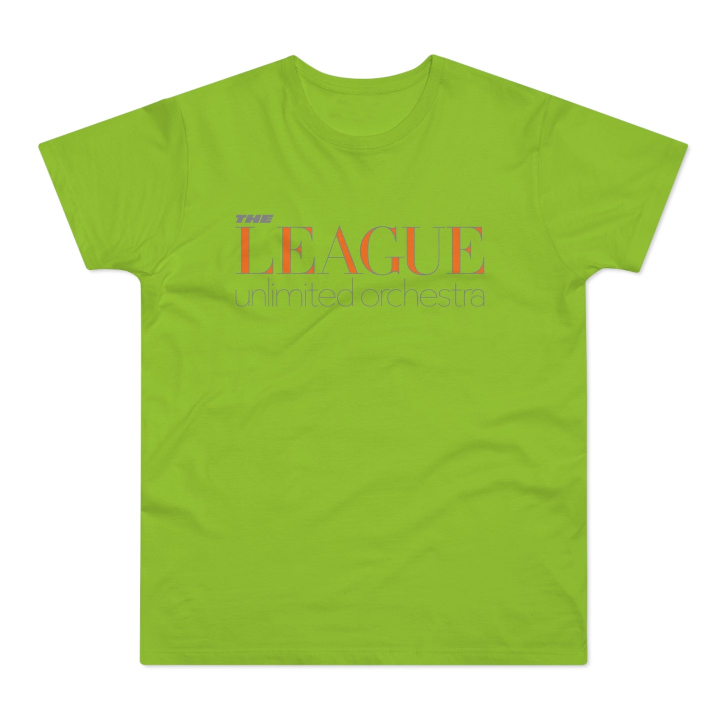 Green t-shirt with "THE LEAGUE" in orange and "unlimited orchestra" in grey