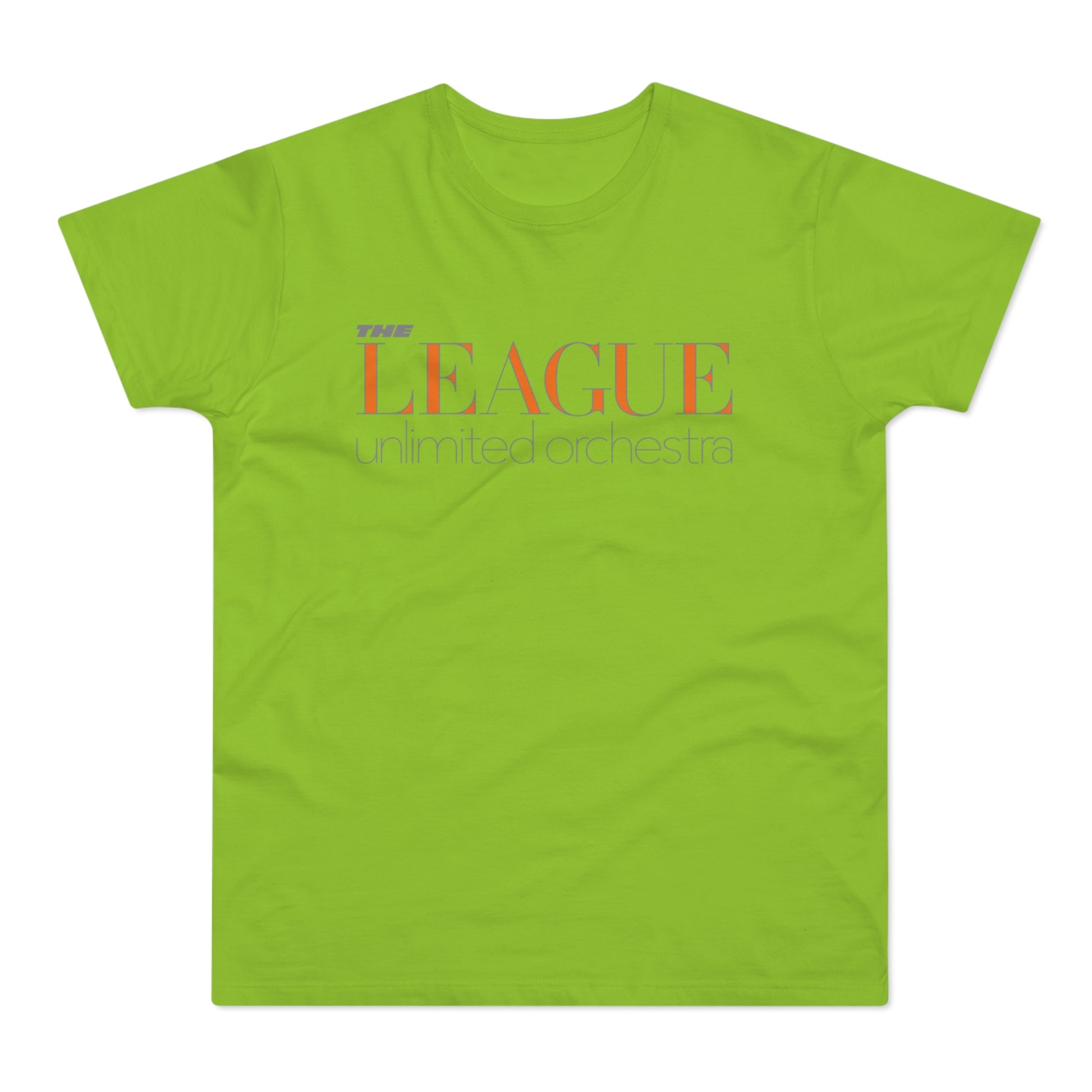 Green t-shirt with "THE LEAGUE" in orange and "unlimited orchestra" in grey