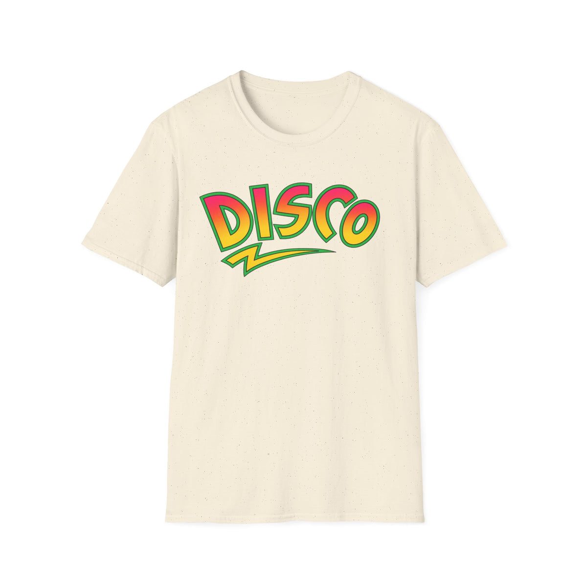 Cream t-shirt with "Disco" text in colorful gradient lettering and green outline.