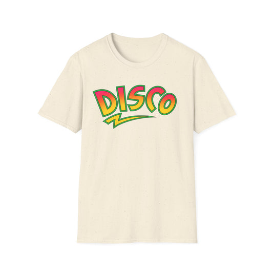 Cream t-shirt with "Disco" text in colorful gradient lettering and green outline.