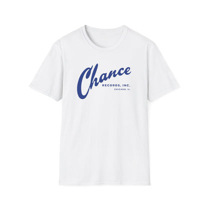 White t-shirt with blue "Chance Records, Inc. Chicago, IL." text.