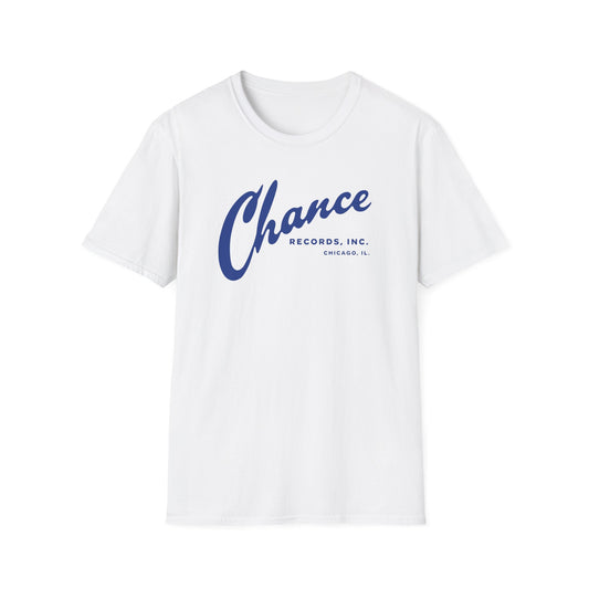 White t-shirt with blue "Chance Records, Inc. Chicago, IL." text.