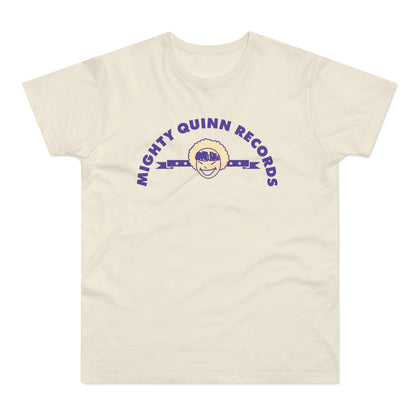 Cream t-shirt with arched purple text "MIGHTY QUINN RECORDS" and a smiling face logo.