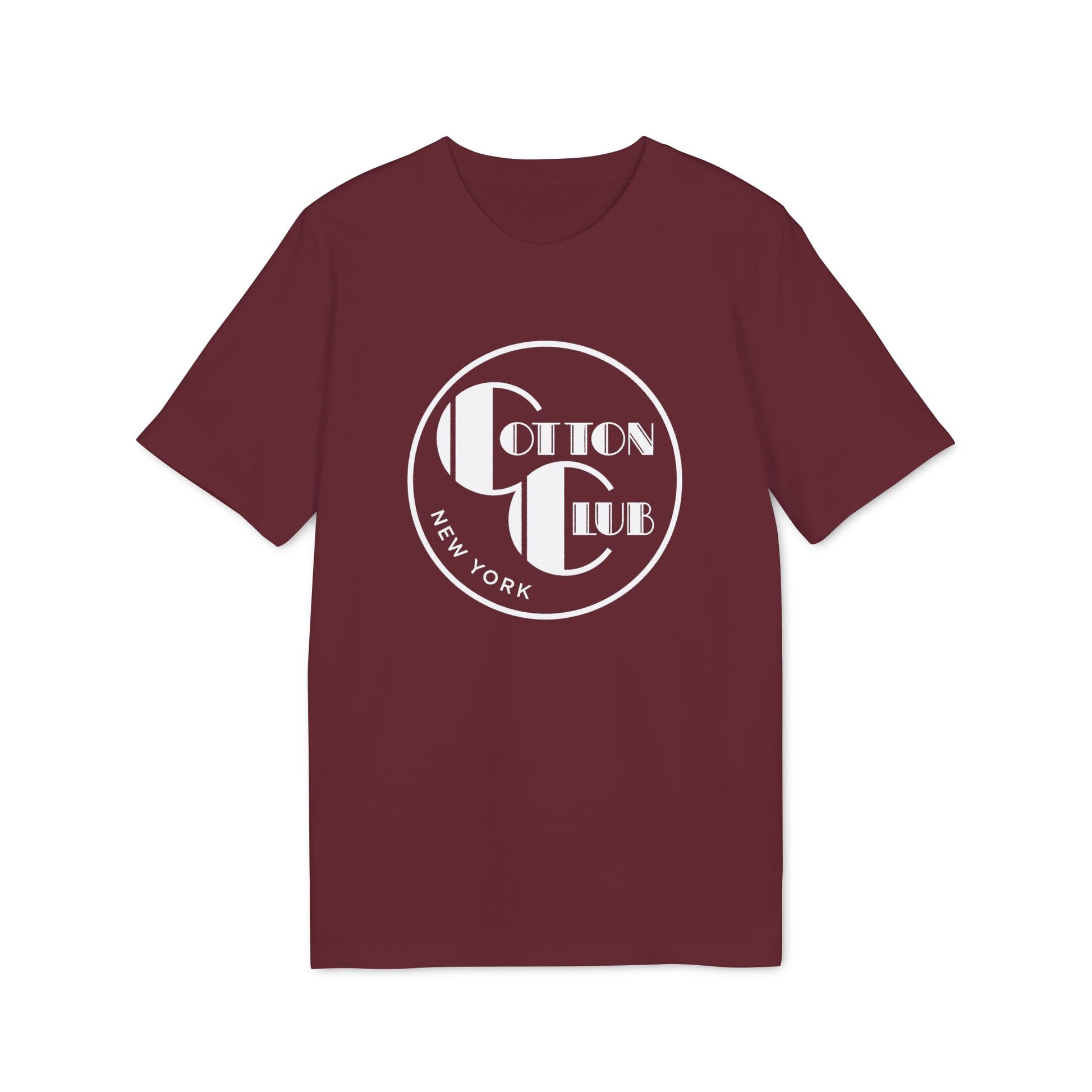Maroon t-shirt with white "Cotton Club New York" circular logo on the chest.