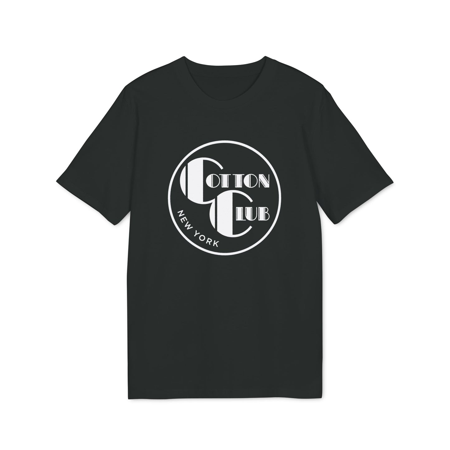 Black t-shirt with circular logo for "Cotton Club New York".