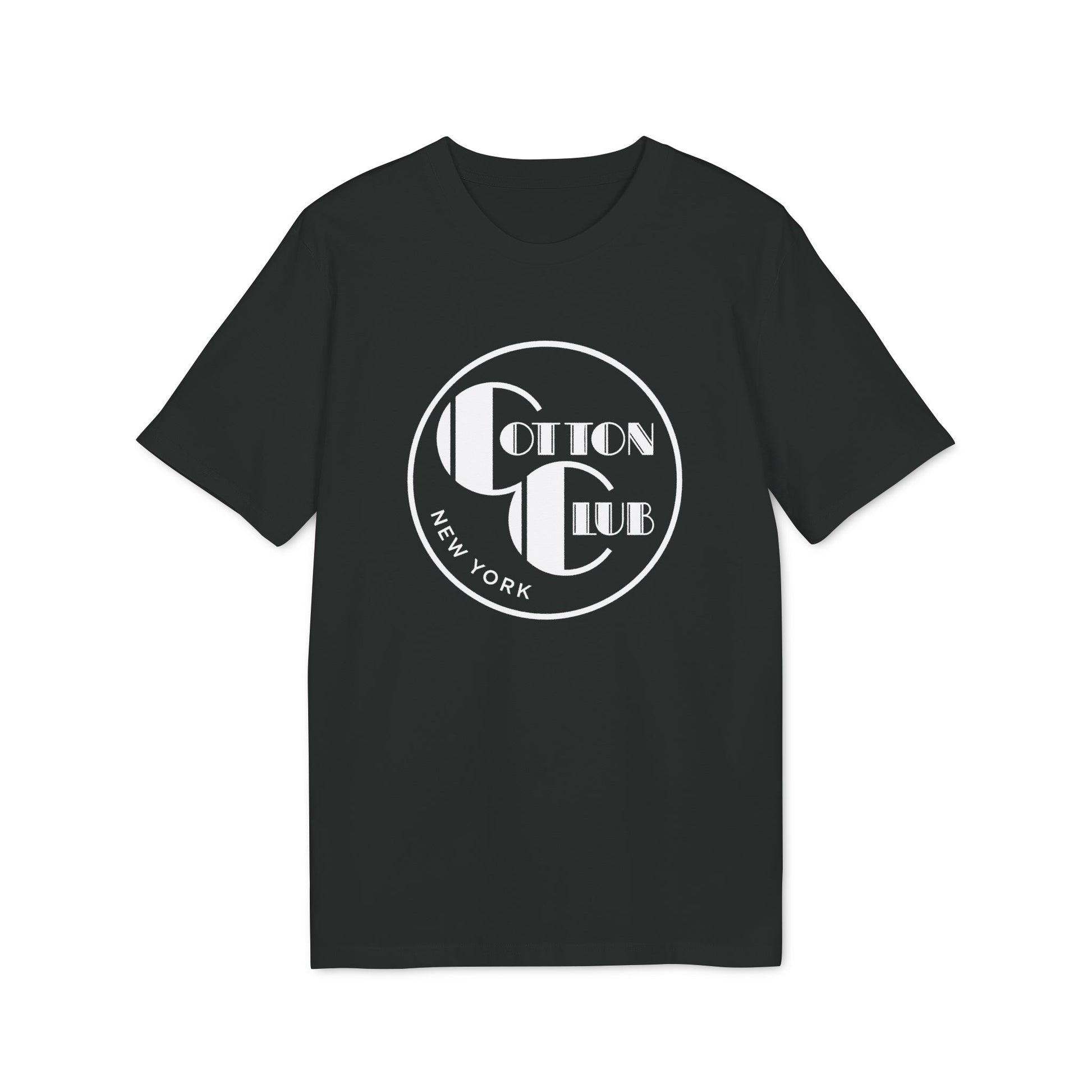 Black t-shirt with circular logo for "Cotton Club New York".