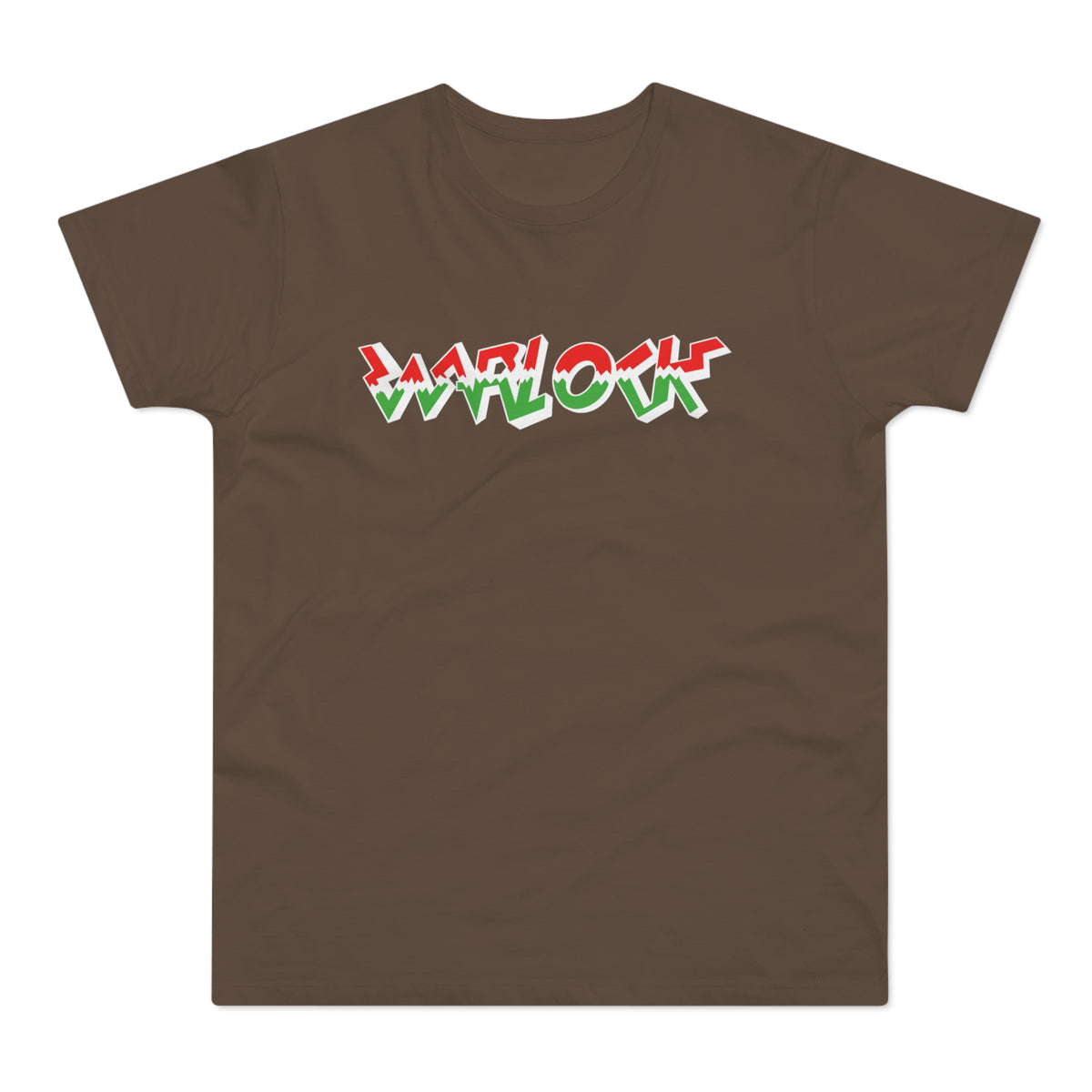 Brown t-shirt with white, red, and green "WARLOCK" text graphic.