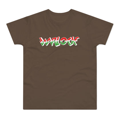 Brown t-shirt with white, red, and green "WARLOCK" text graphic.
