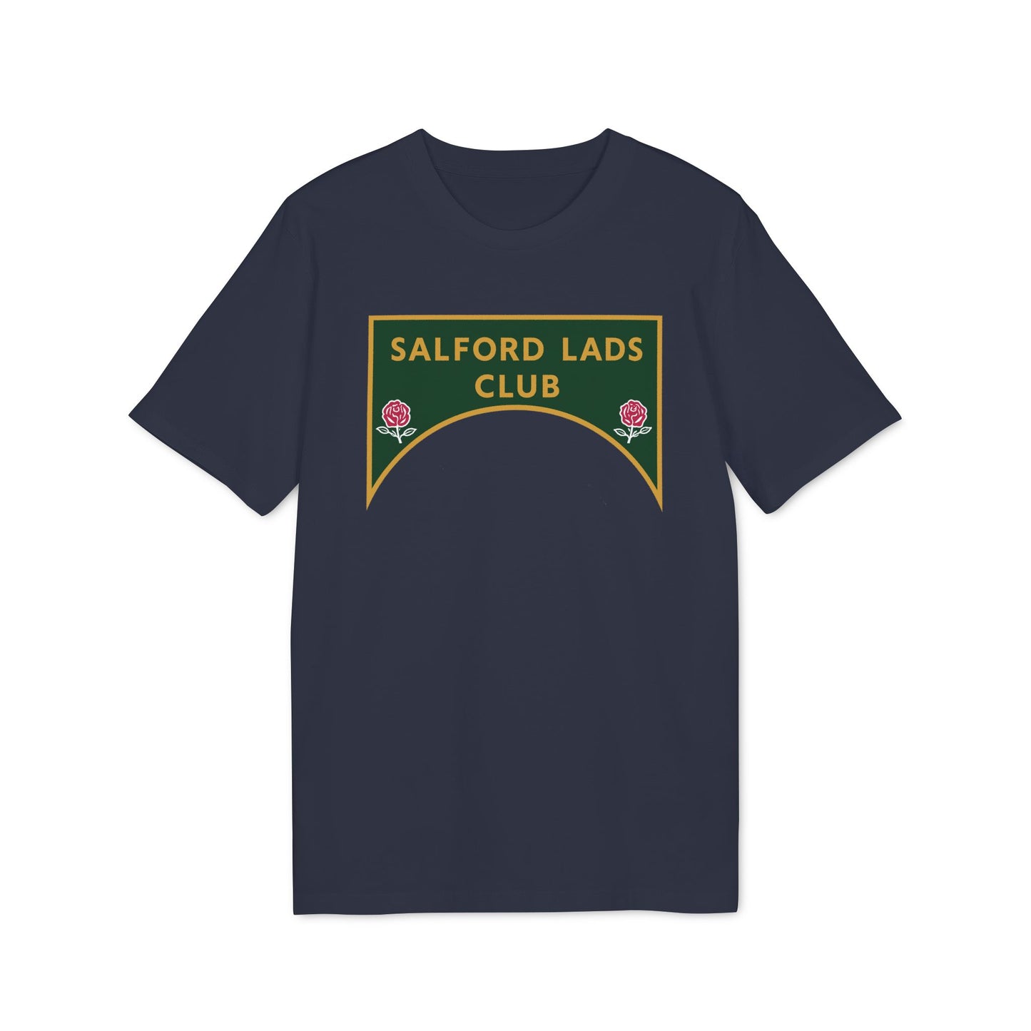 Navy t-shirt with "SALFORD LADS CLUB" logo and two roses.