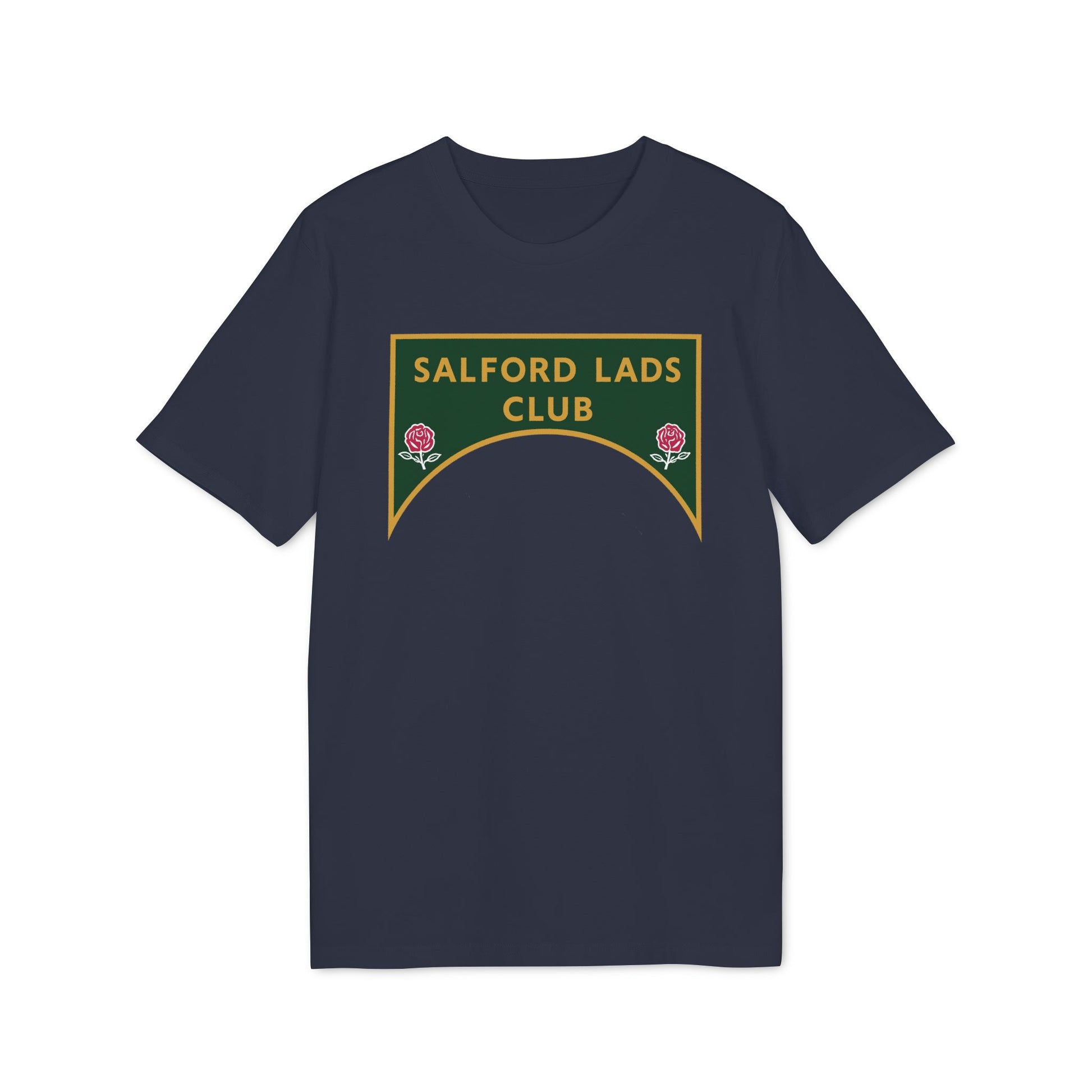 Navy t-shirt with "SALFORD LADS CLUB" logo and two roses.