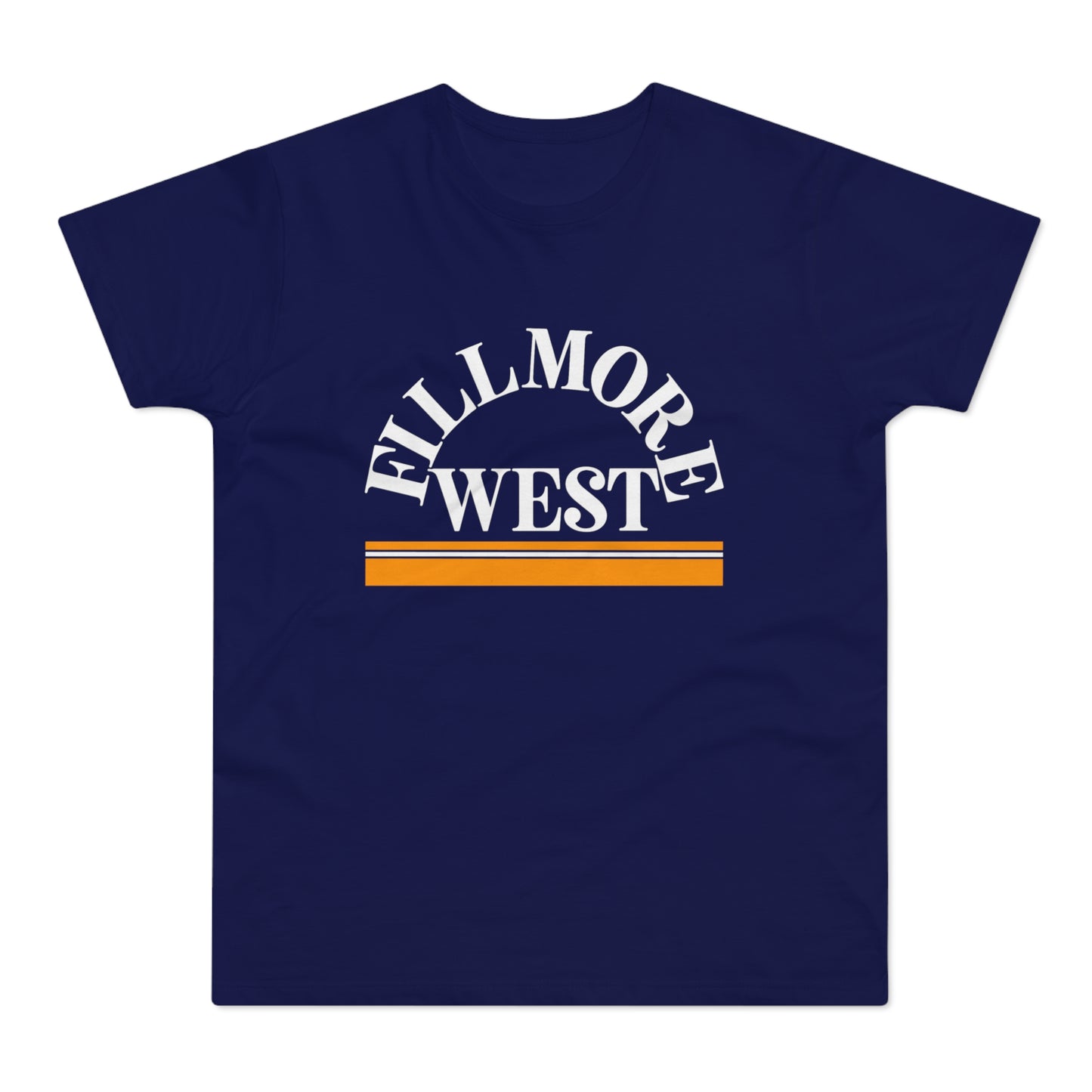 Navy t-shirt with "Fillmore West" text and orange and white stripes.