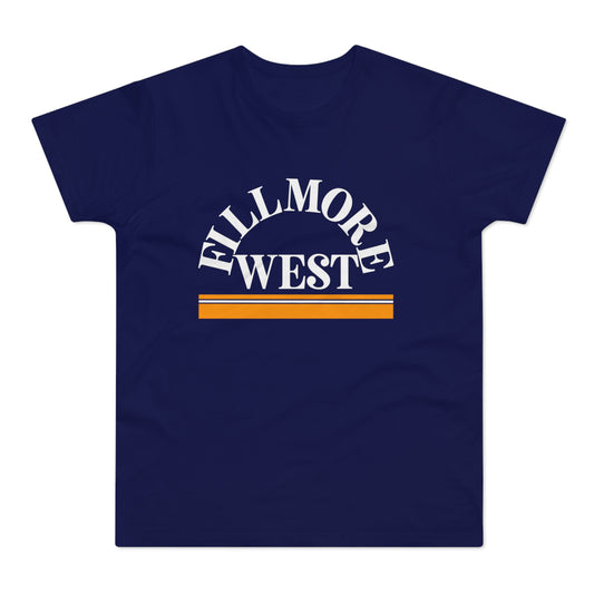 Navy t-shirt with "Fillmore West" text and orange and white stripes.