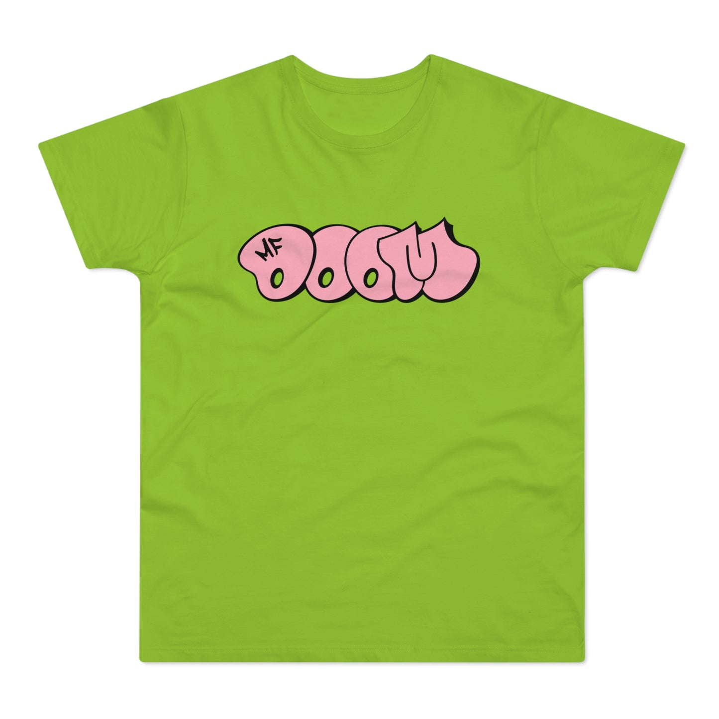 Lime green t-shirt with pink "MF DOOM" graffiti-style text.