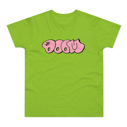 Lime green t-shirt with pink "MF DOOM" graffiti-style text.