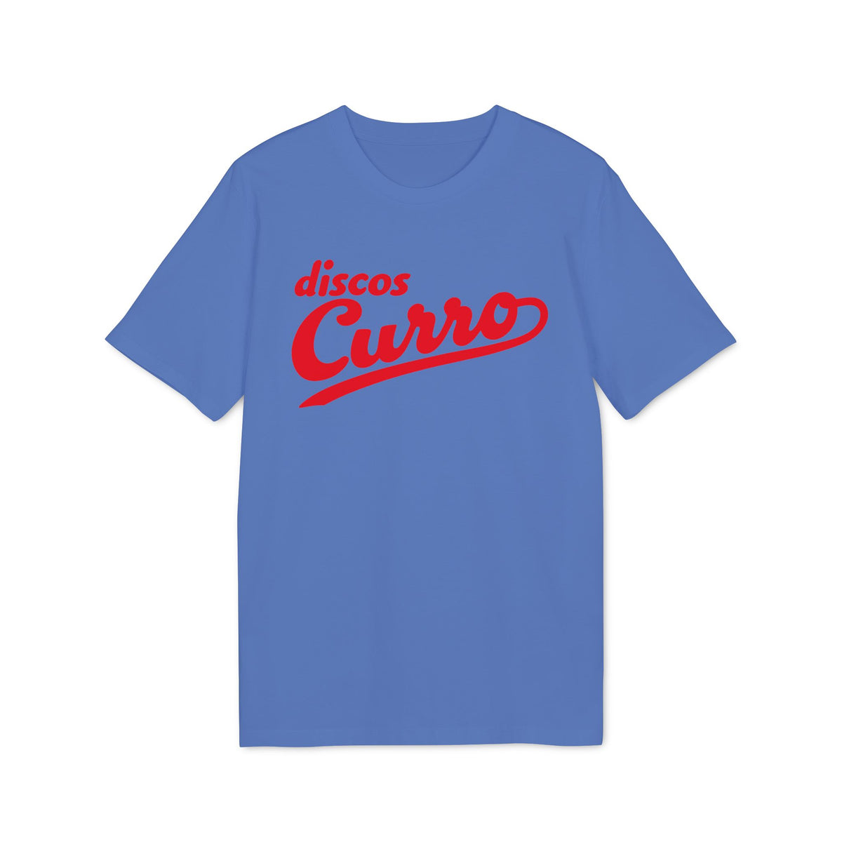 Blue t-shirt with red "discos Curro" text in cursive font.