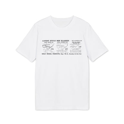White t-shirt with text advertising latest style bop glasses and Gold Medal Products.