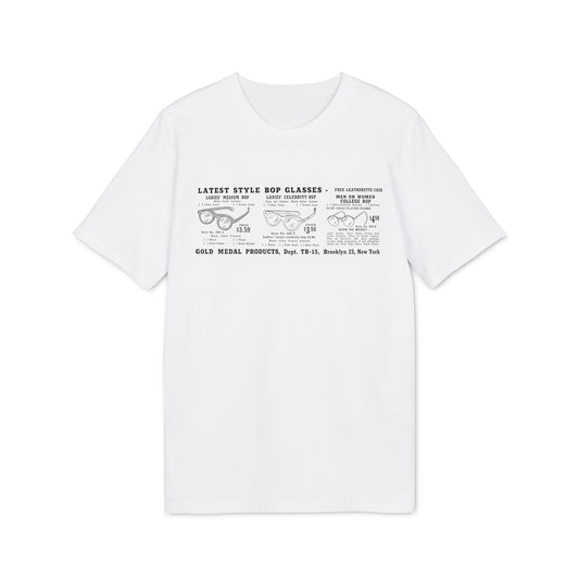 White t-shirt with text advertising latest style bop glasses and Gold Medal Products.