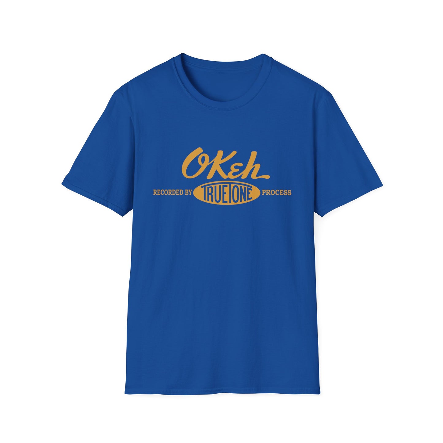 Blue t-shirt with "Okeh", "Recorded by True Tone Process" yellow text.