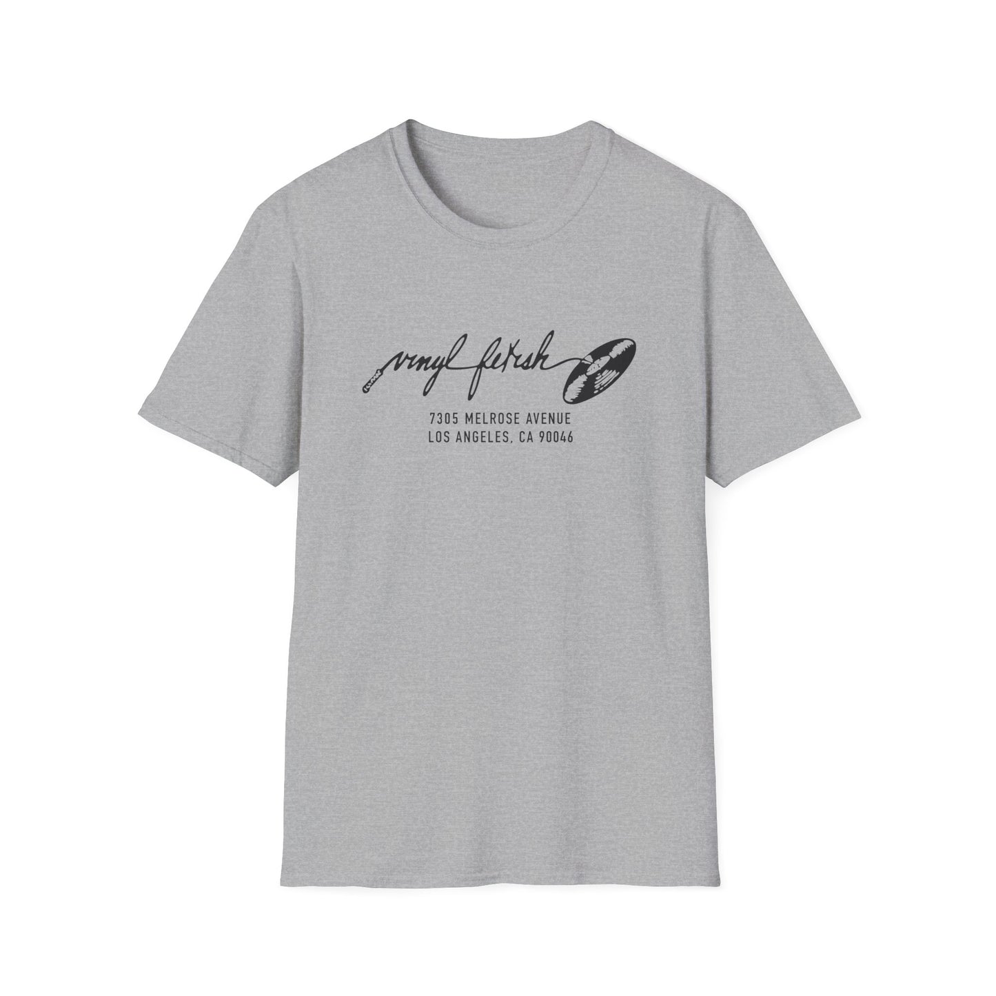 Grey t-shirt with "vinyl fetish" text and record graphic