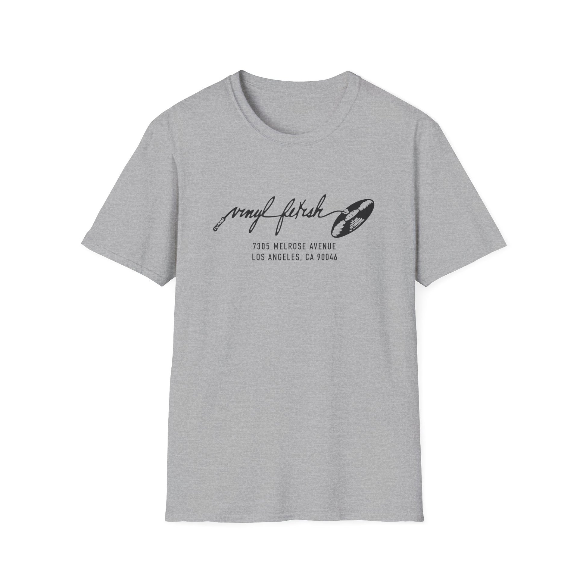 Grey t-shirt with "vinyl fetish" text and record graphic
