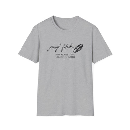 Grey t-shirt with "vinyl fetish" text and record graphic