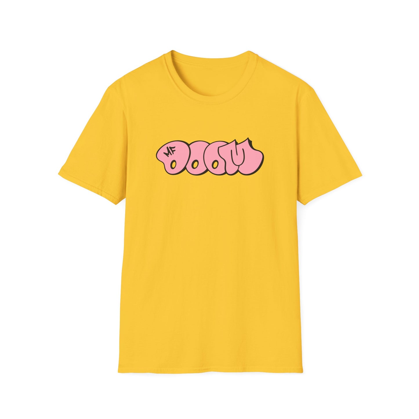 Yellow t-shirt with pink graffiti-style text that reads "MF Doom".