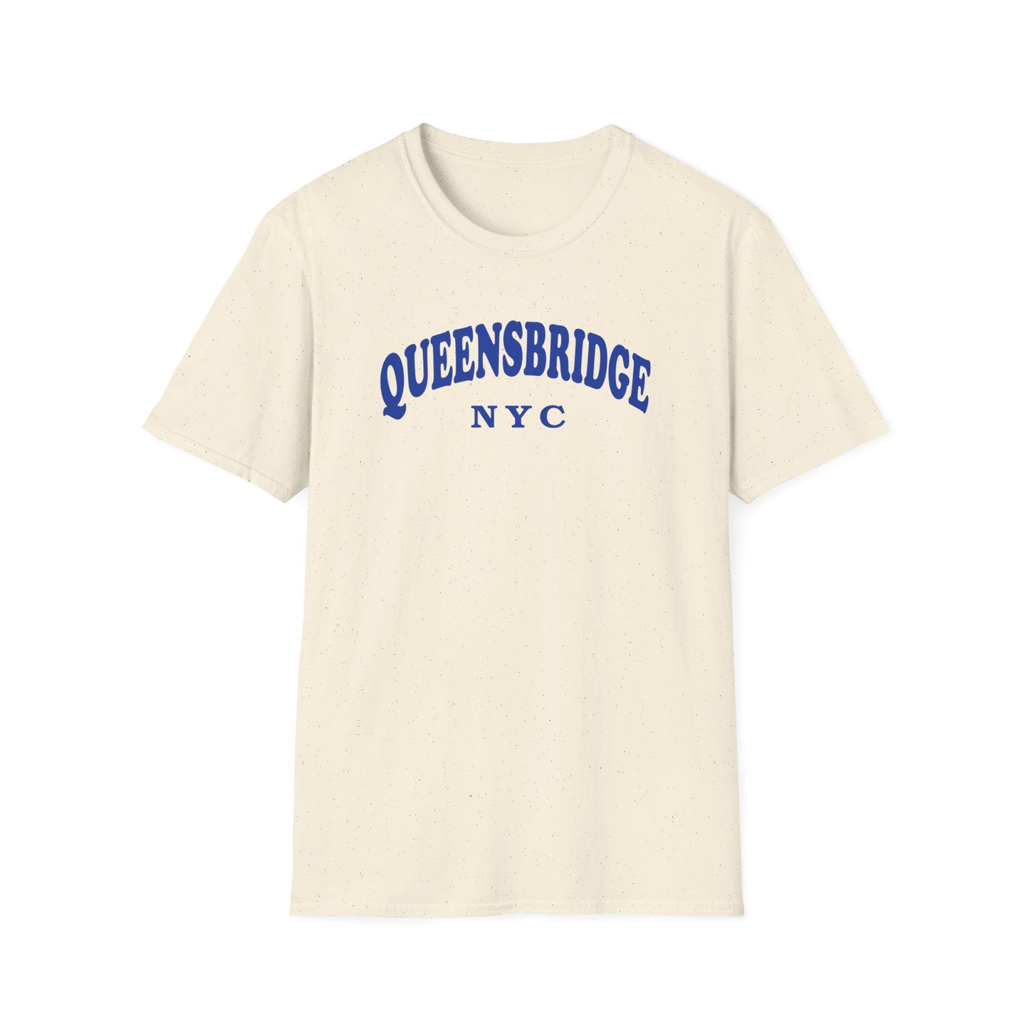 Cream t-shirt with blue "QUEENSBRIDGE NYC" text arched across the chest.
